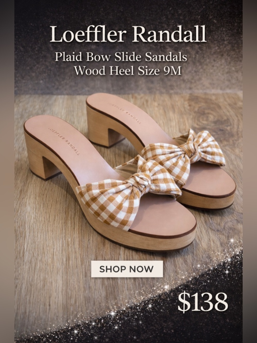 Loeffler Randall Plaid Bow Slide Sandals Wood Heel Size 9M